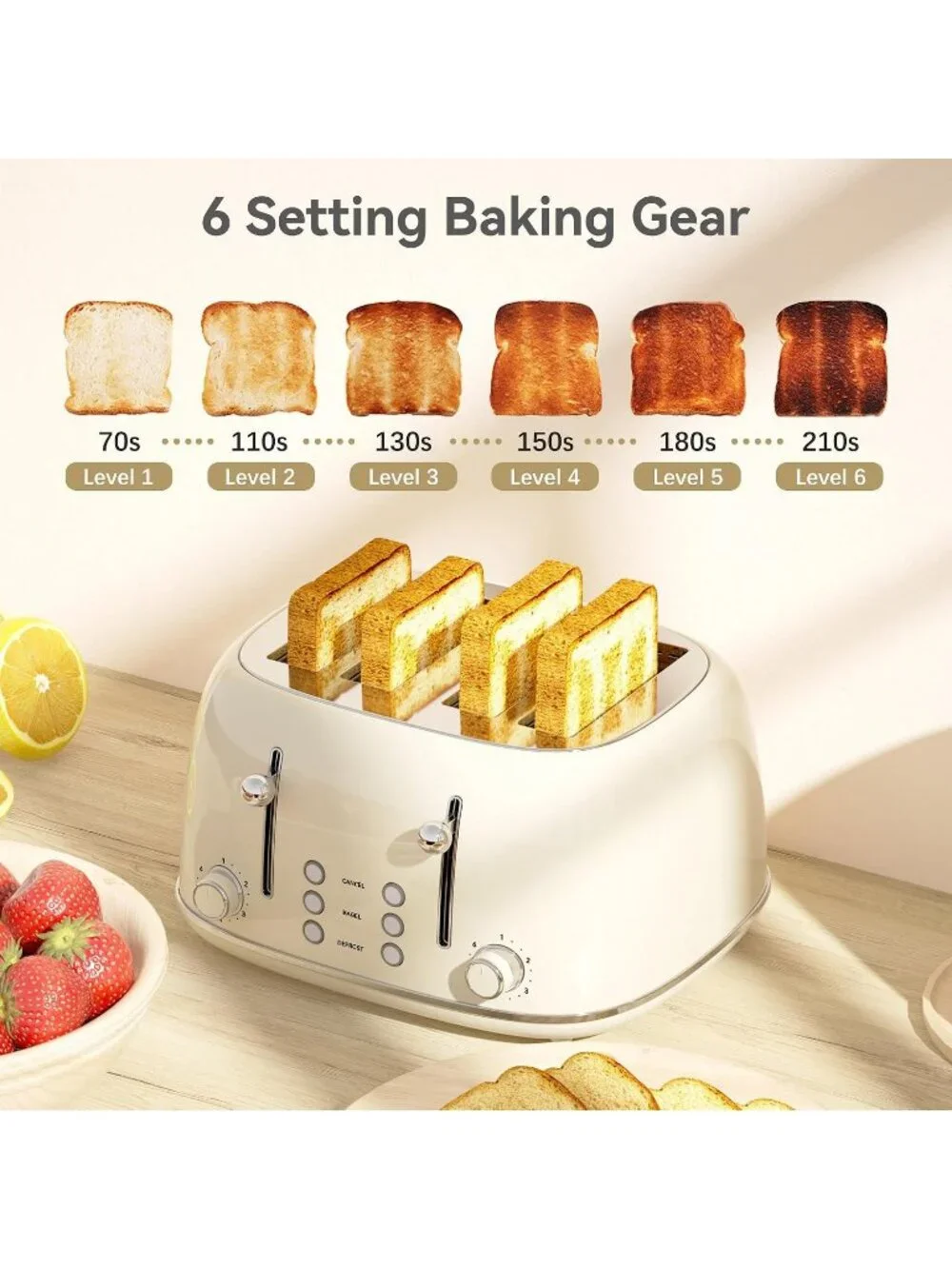 4 Slice Cream Retro Stainless with 6 Bread Shade Settings 1.5''Wide Toaster
